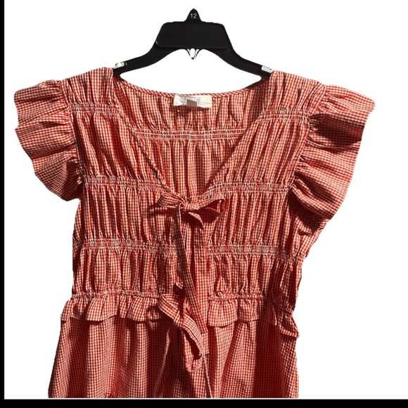 PEach LoveCalifornia Gingham smocked bodice flutters slave tiered midi dress J-2 - Picture 3 of 8